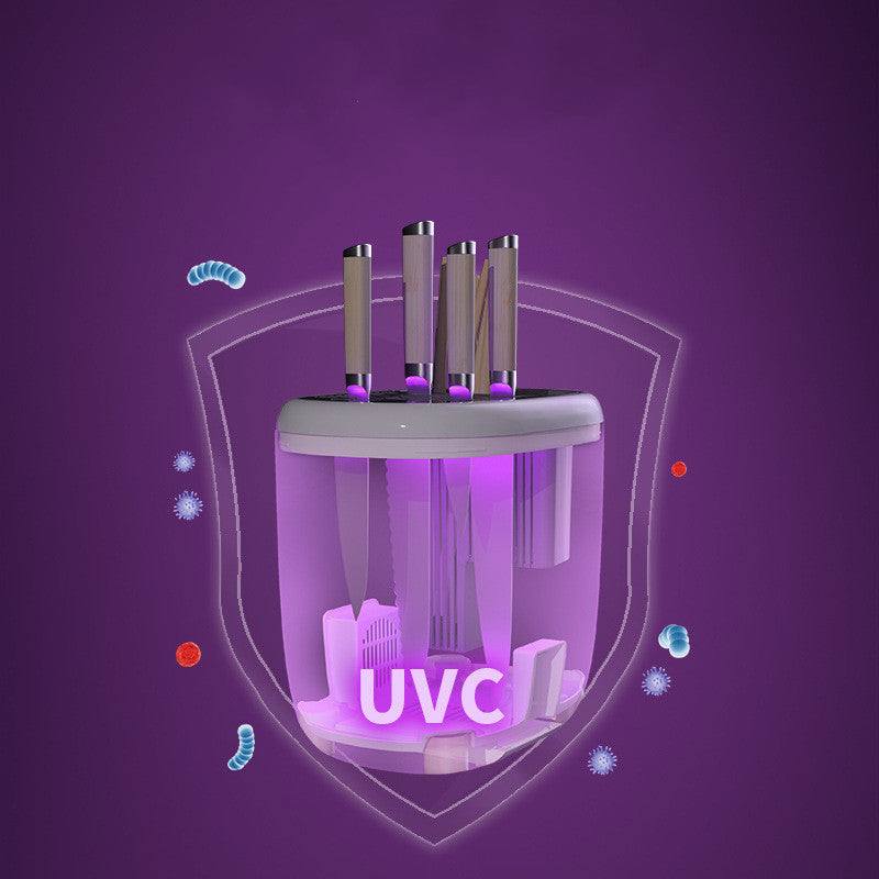 Cutlery rack with UV and ventilation sterilization, holding knives with a drain pan.