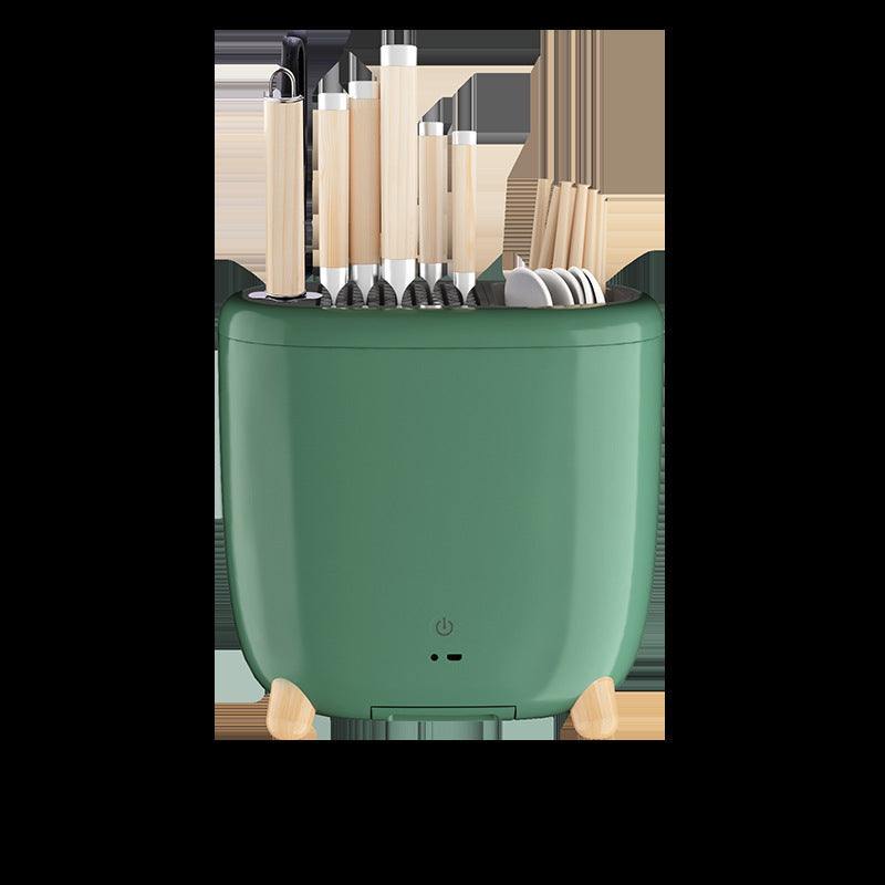 Cutlery rack drain with knife holder and UV sterilization feature in green, showcasing kitchen utensils.