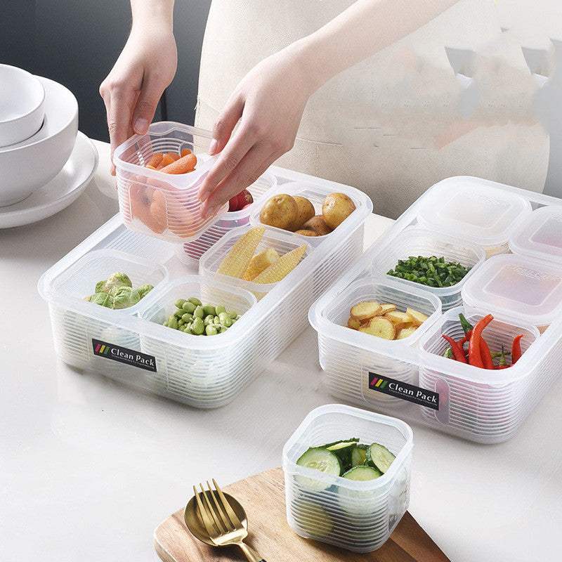 Refrigerator fruit and vegetable storage box with lid, modern square design, plastic material.
