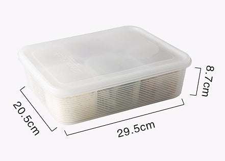 Square plastic refrigerator fruit and vegetable storage box with lid, dimensions 29.5cm x 20.5cm x 8.7cm.