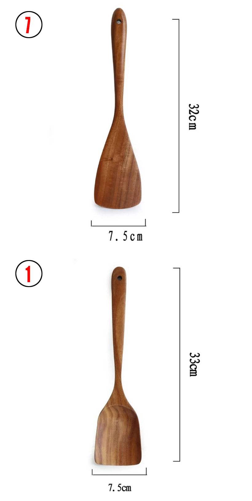 Thailand Teak Natural Wood Kitchen Tools with Long Handles, Two Spooned Utensils, Measurements Displayed