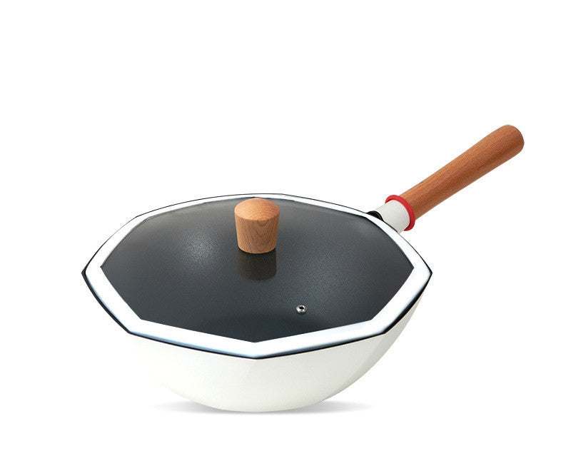 Non-stick frying pan with wooden handle and black lid.