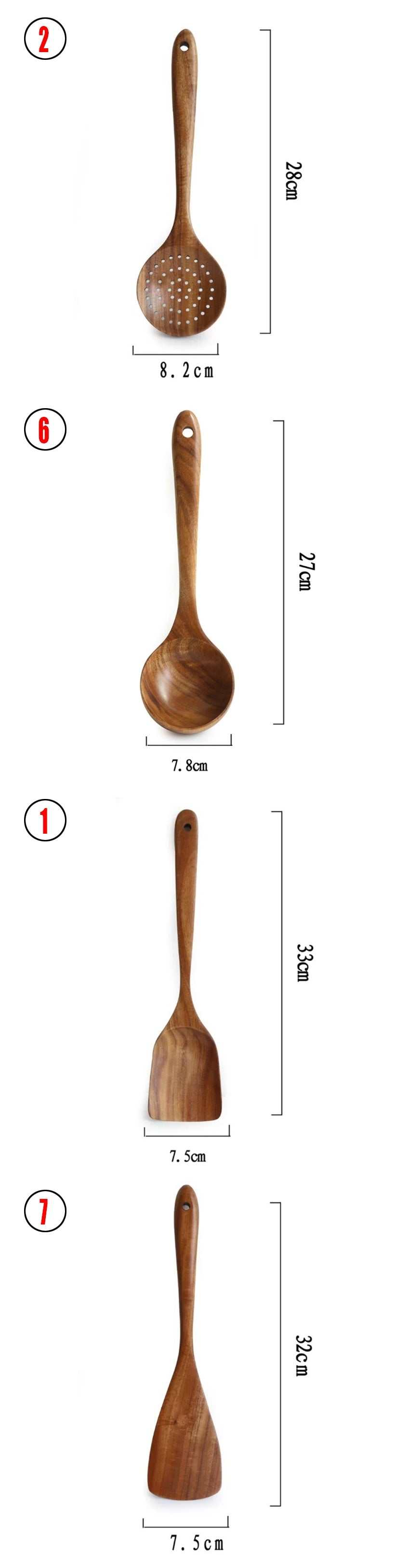 Thailand teak natural wood kitchen utensils, including spoon, ladle, and skimmer, featuring long handles and various designs.