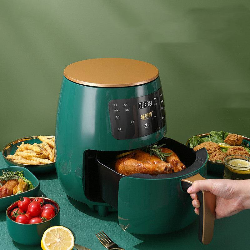 Household 4.5L Smart Air Fryer with touch screen control cooking chicken and fries.
