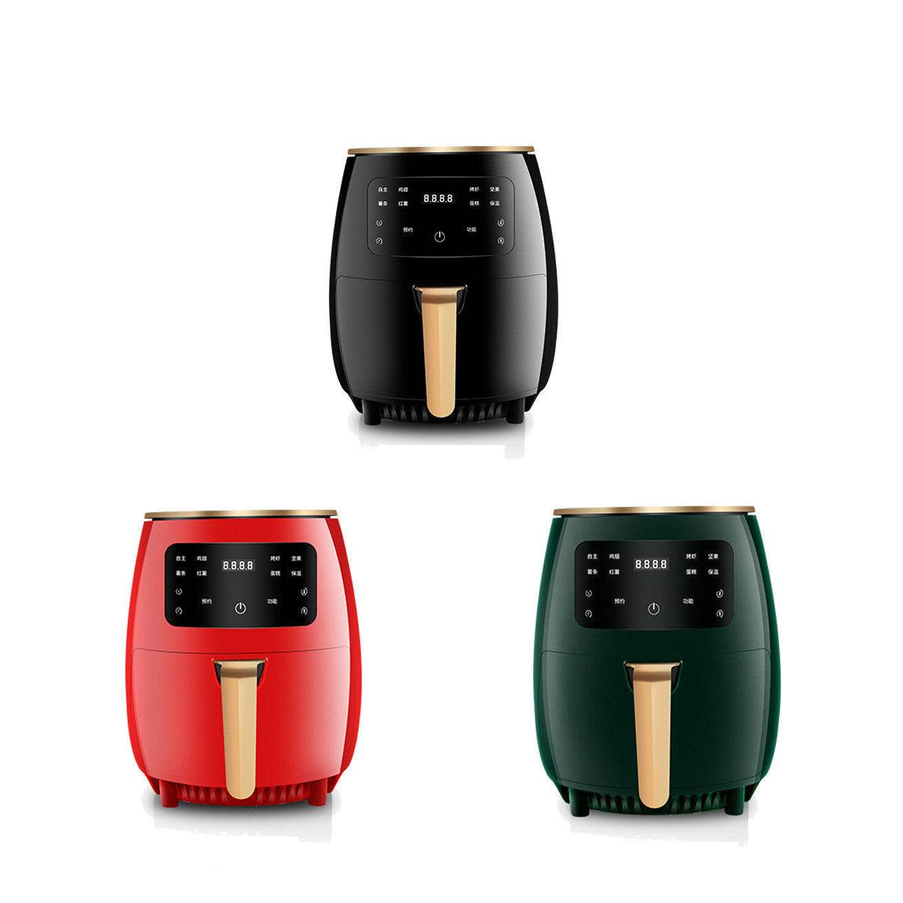 Household 4.5L Smart Air Fryer with touch screen in black, red, and green.
