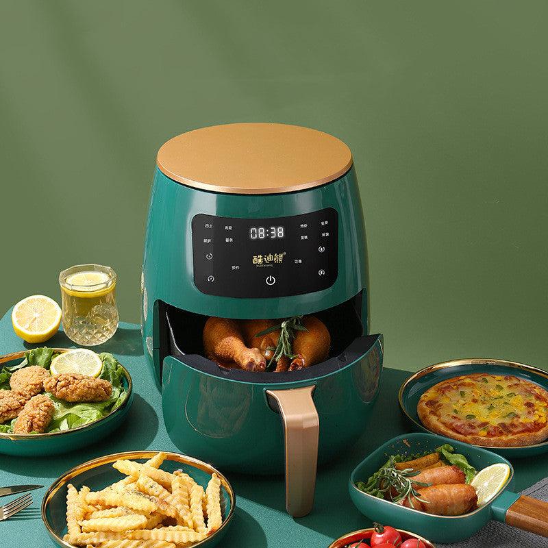 Household 4.5L smart air fryer with touch screen controls and anti-dry burning safety in a modern kitchen setting.