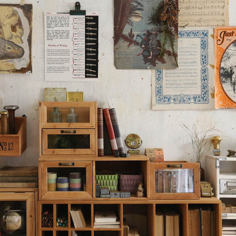 Office desktop wooden storage box with glass drawer and pen holder.