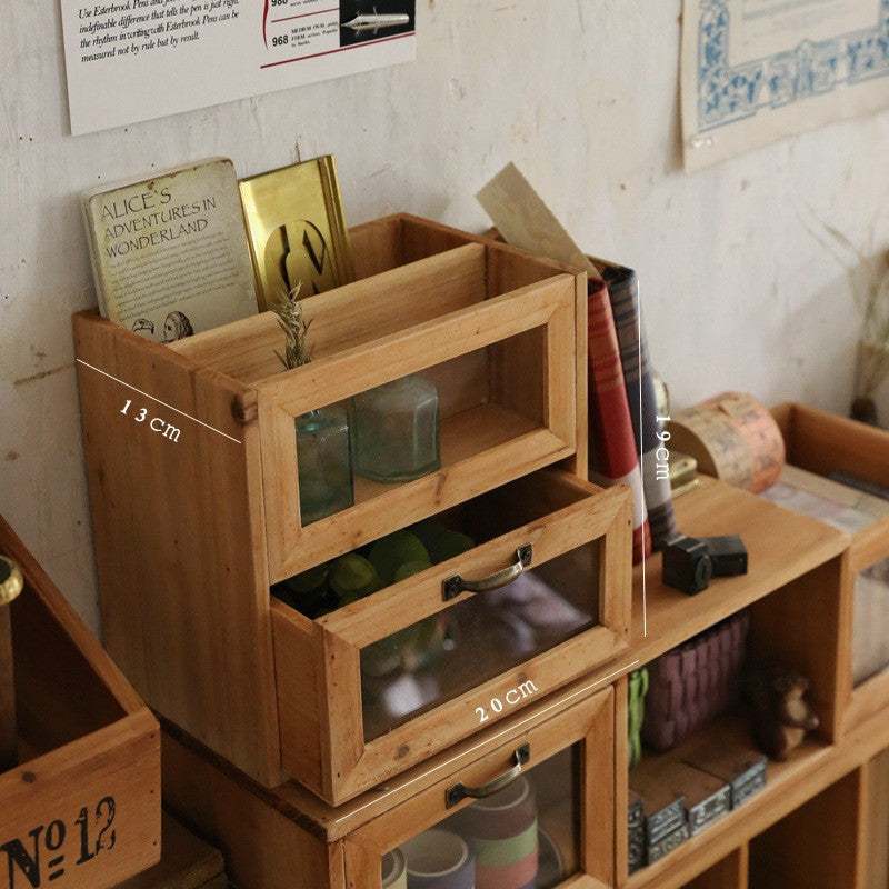 Office desktop wooden storage box with glass drawer pen holder, measuring 20cm x 13cm x 19cm, made from fir composite board.