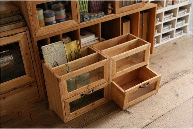Office desktop wooden storage box with glass drawer, ideal for organizing pens and sundries.