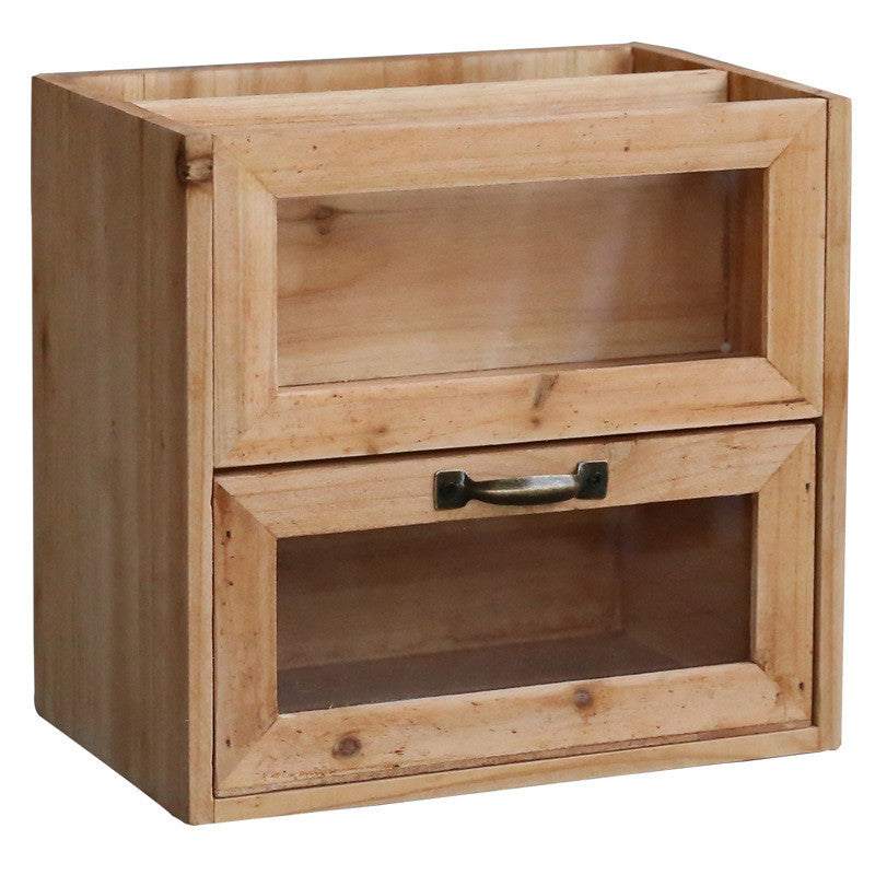 Office desktop wooden storage box with glass drawer and pen holder.
