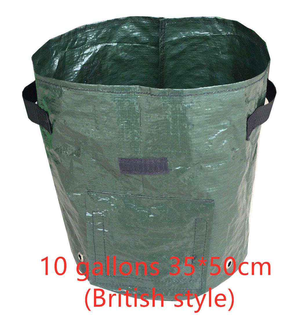 Dark green PE cloth garden planting bag with handles, featuring bottom drainage holes, side window, and foldable design for easy storage.