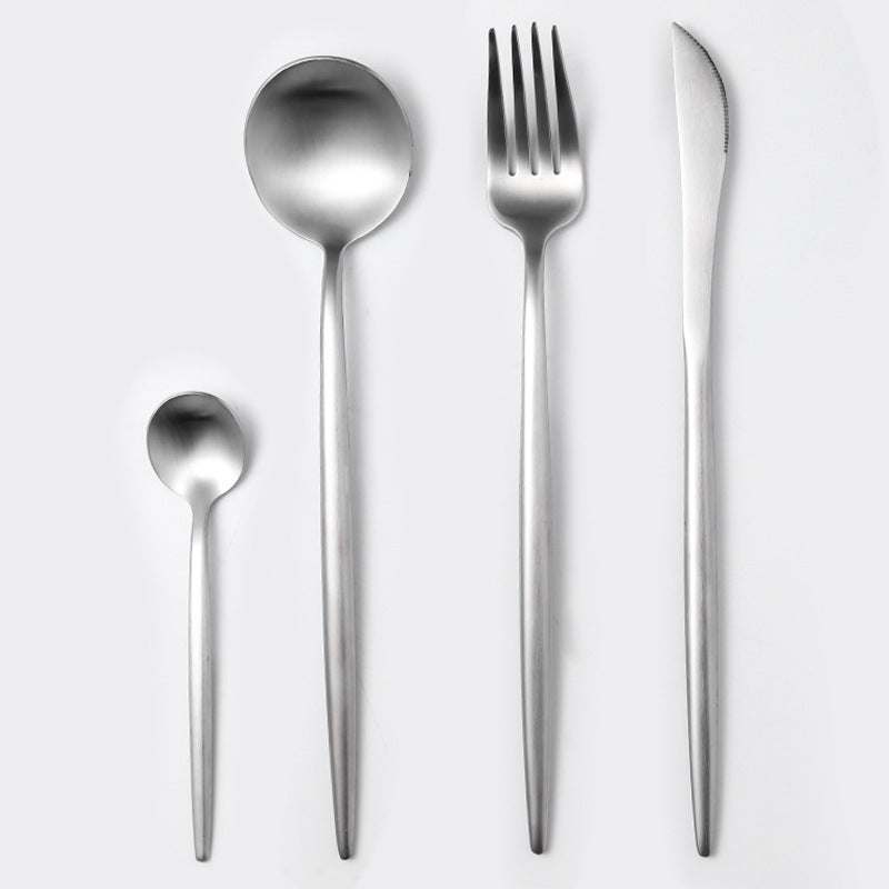 Stainless steel cutlery spoon set, including coffee and dessert spoons with mirror polishing.
