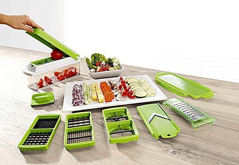 12-piece multifunctional vegetable chopper set with various blades and accessories for slicing and dicing fruits and vegetables.  