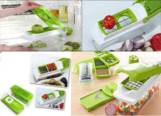 Multifunctional vegetable chopper set with various attachments for slicing, dicing, and grating. 