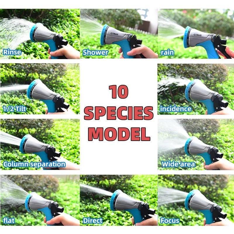 Garden sprayer water spray bottle mist gun with ergonomic handle, showcasing 10-mode spray options in outdoor settings.