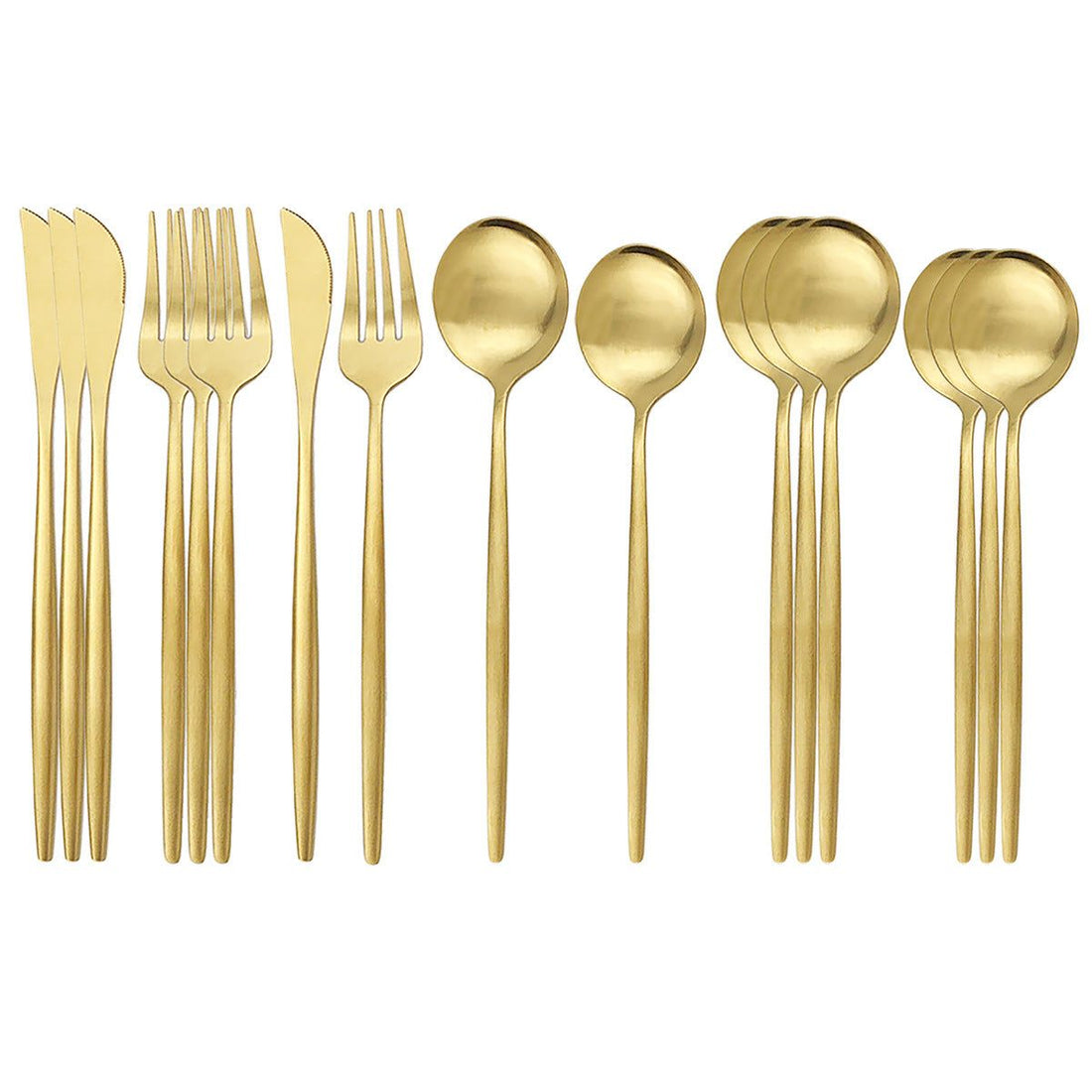 Stainless steel matte 16-piece cutlery set with forks, knives, and spoons.