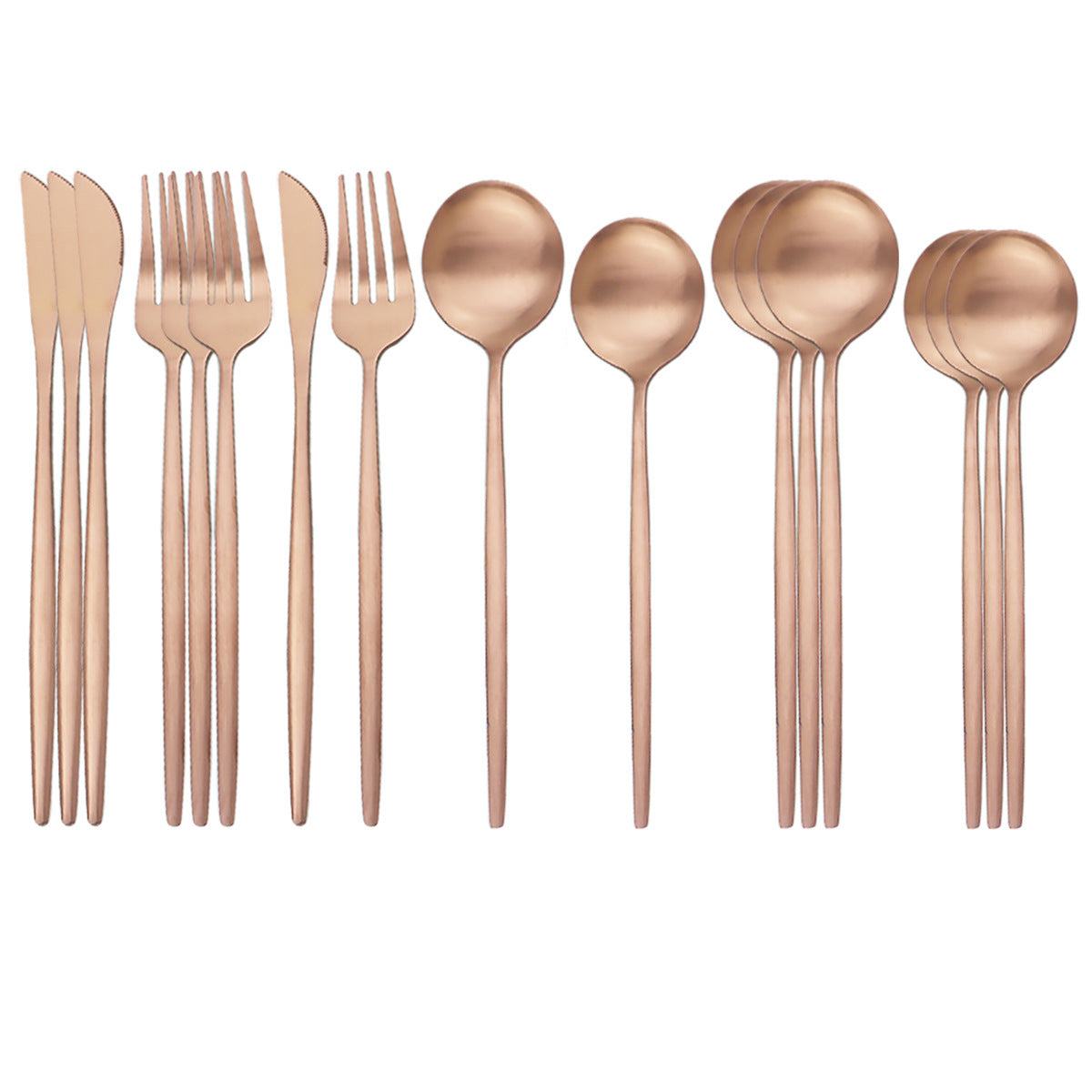 Stainless steel matte 16-piece western cutlery set with knives, forks, and spoons.