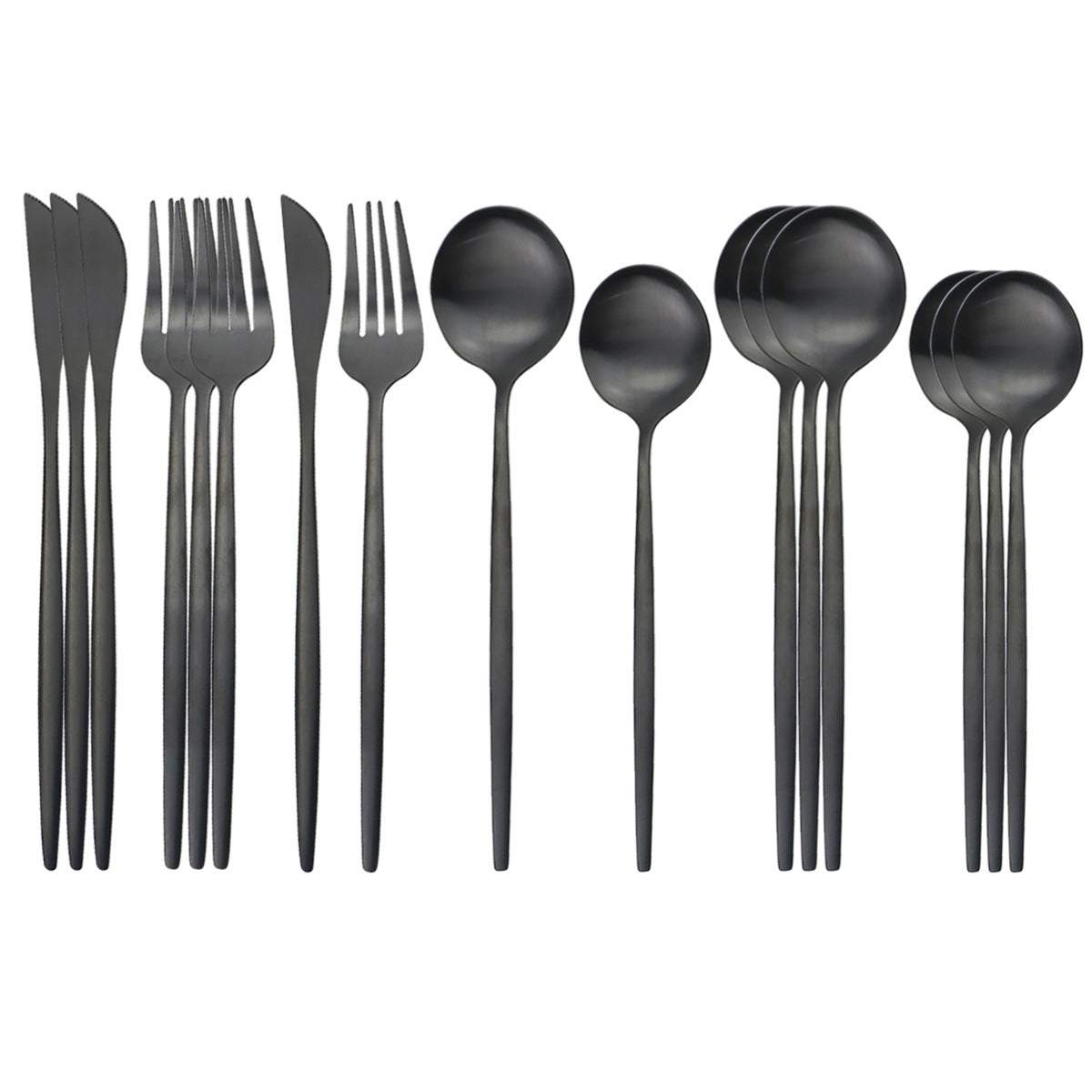 Stainless steel matte 16-piece western cutlery set with forks, knives, and spoons arranged on white background.