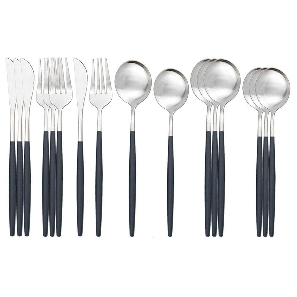Stainless Steel Matte 16-piece Western Cutlery Set arranged neatly.