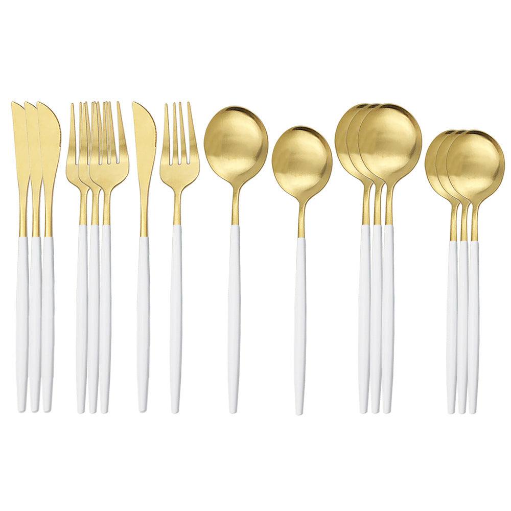 Stainless steel matte 16-piece western cutlery set with gold utensils and white handles.