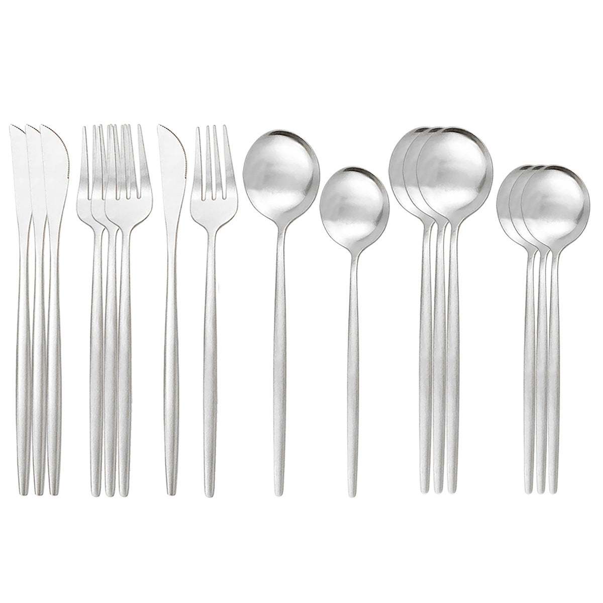 Stainless steel matte 16-piece western cutlery set with knives, forks, and spoons.