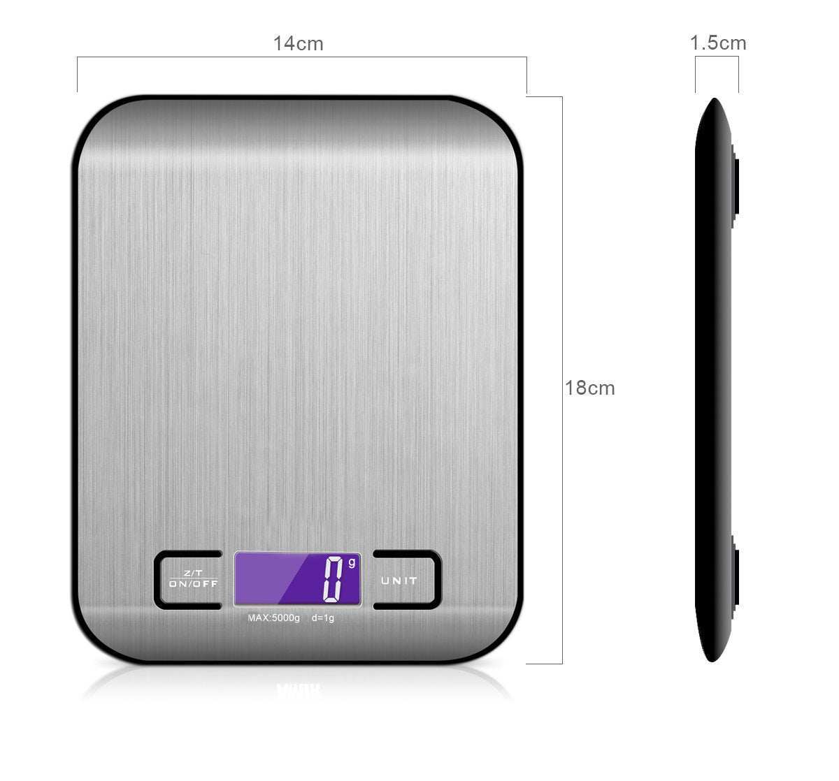 Rechargeable flat stainless steel kitchen scale with digital display and compact design.