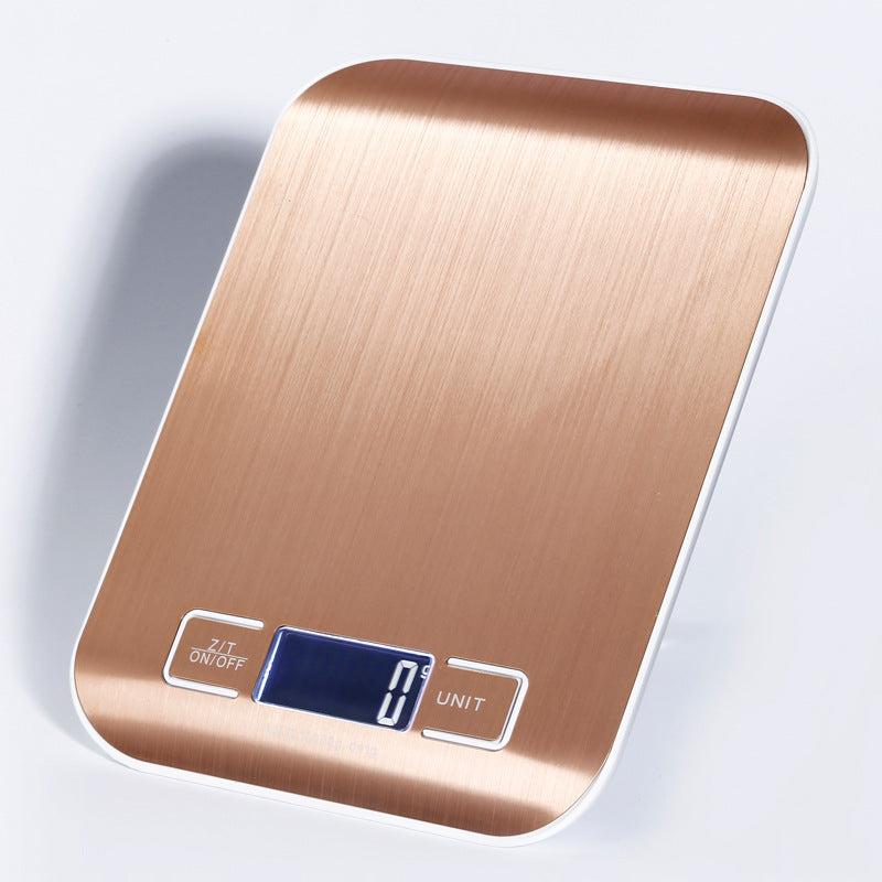 Rechargeable flat stainless steel kitchen scale with digital display.
