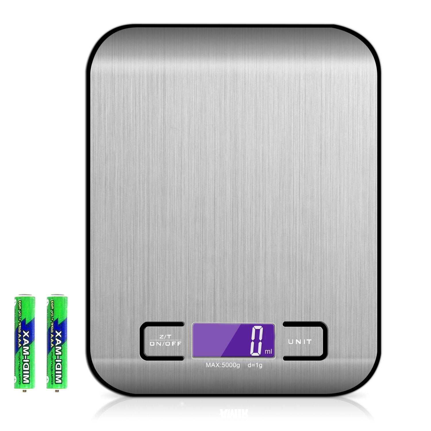 Rechargeable flat stainless steel kitchen scale with digital display and AAA battery power.
