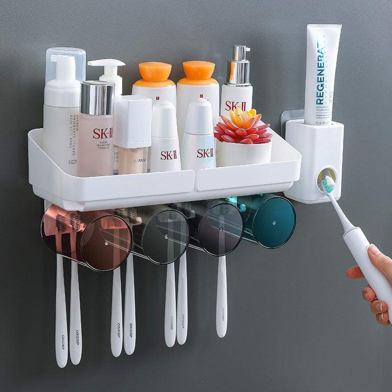 Plastic suction cup toothbrush holder with storage for daily necessities and toothbrush slots, shown in multiple color combinations.