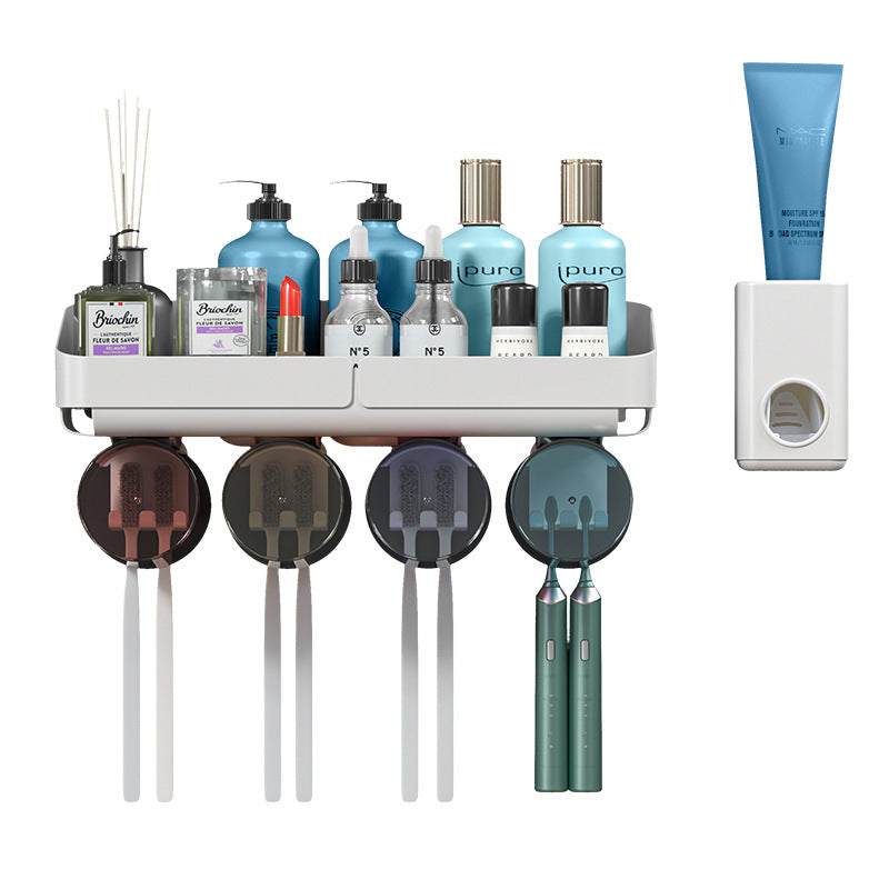 Plastic toothbrush holder with suction cup, multiple color combinations, and attached toothpaste squeezer.