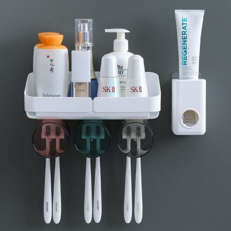 Toothbrush holder with suction cup and multiple compartments for optimal bathroom organization.