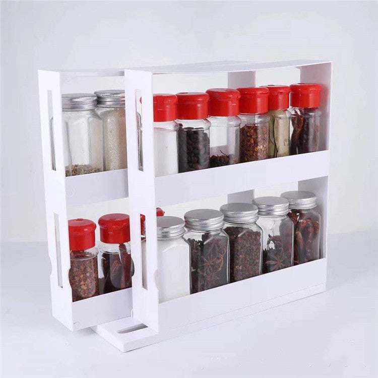 Double rotating kitchen spice organizer rack with two shelves, ideal for various storage needs.