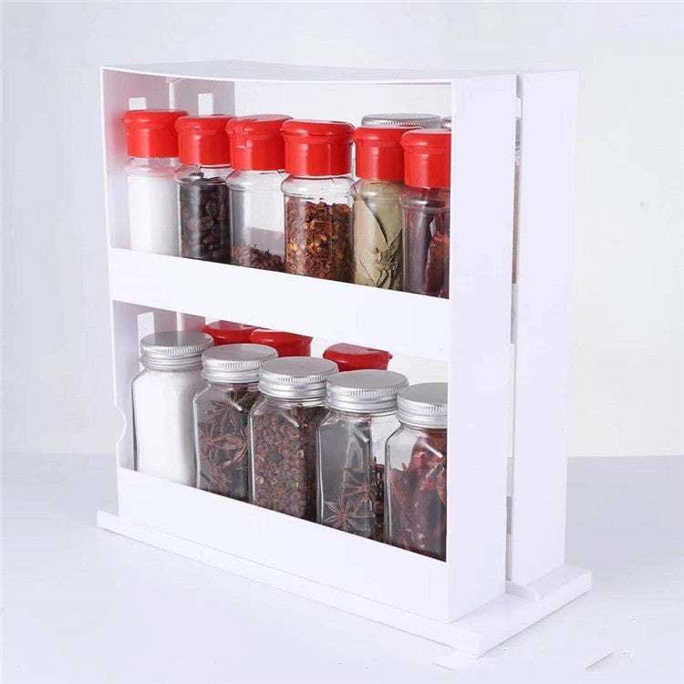 Double-layer kitchen spice organizer rack for efficient storage.
