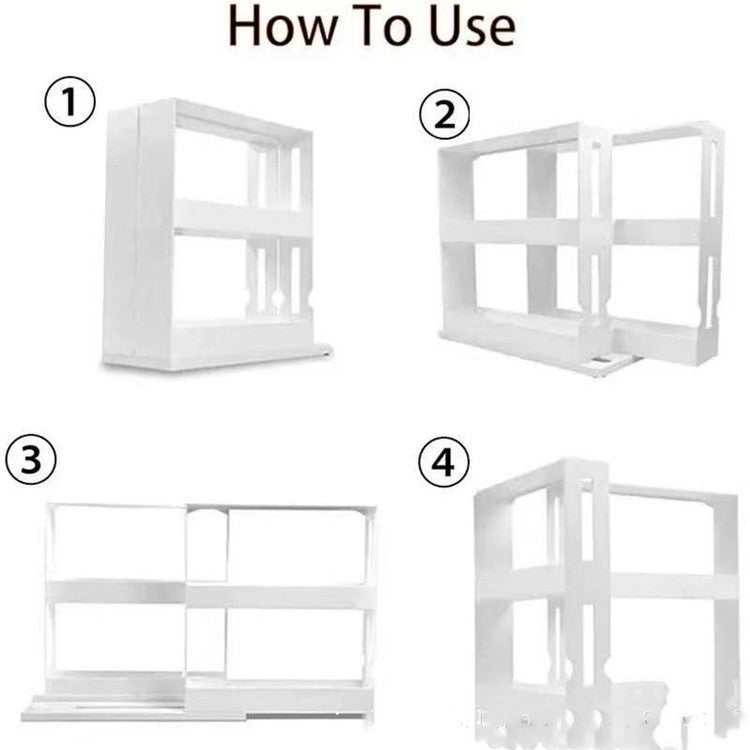 Double rotating kitchen spice organizer rack assembly guide.