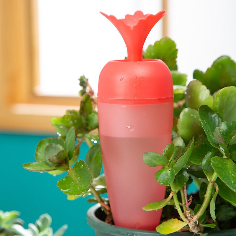 Red plastic plant watering globe with terracotta bottom in a potted plant, providing automatic irrigation.