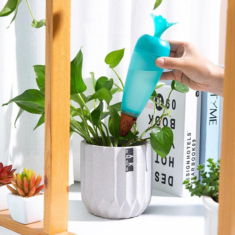Plant watering globe in use for self-watering indoor potted plant.