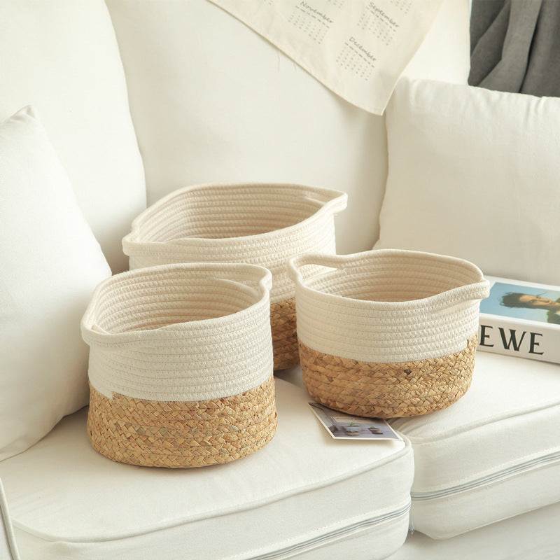 Nordic household folding storage baskets in cotton thread, available in white and gray, shown in large, medium, and small sizes on a couch.