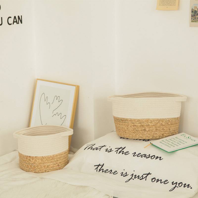 Nordic-style folding floor-to-ceiling cotton storage baskets in white and gray, shown in a living room setting.