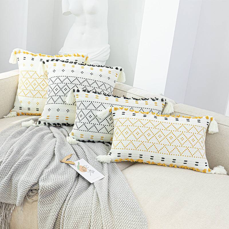 Nordic resort style sofa bed pillow with geometric abstraction pattern in polyester cotton blend.