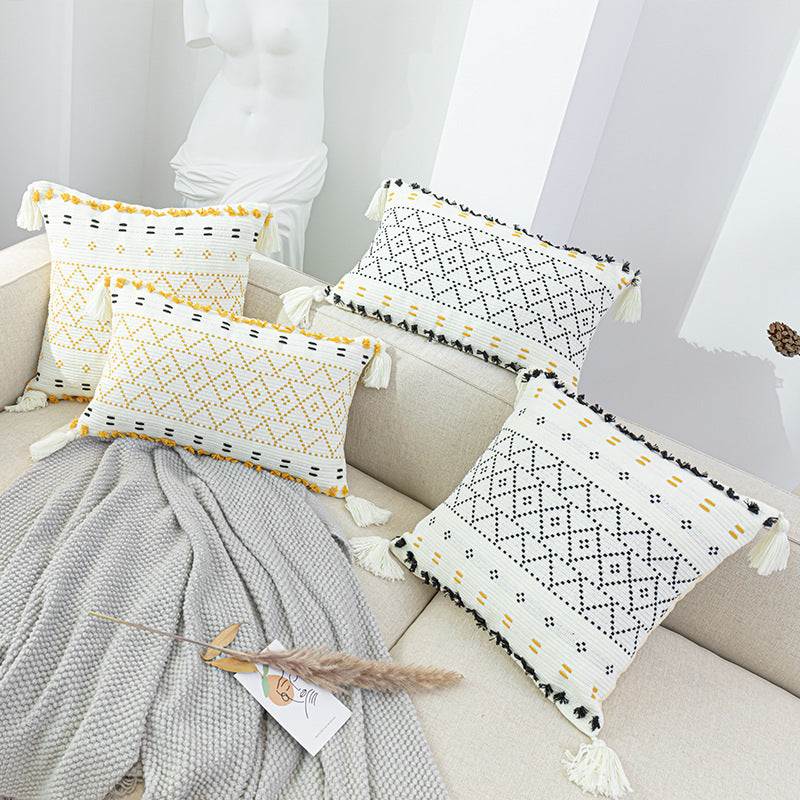 Nordic resort style sofa bed pillows in geometric patterns, made from polyester cotton.