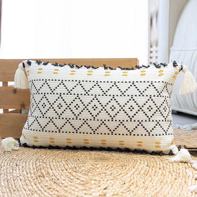 Nordic Resort Style Sofa Bed Pillow with geometric abstraction pattern on woven mat.