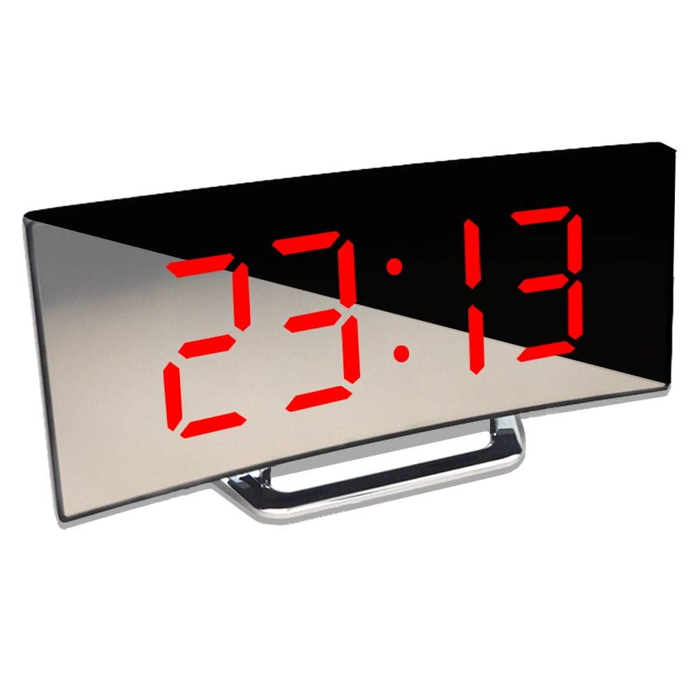 LED alarm clock with dual USB outputs and digital display featuring greedy sleep mirror function.