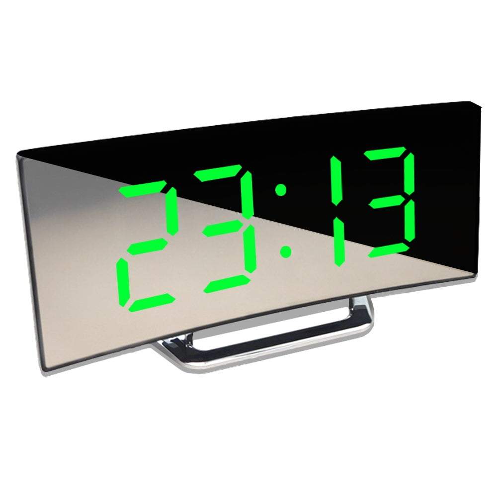 LED alarm clock with dual USB ports, mirror display, and induction lighting for living room use.