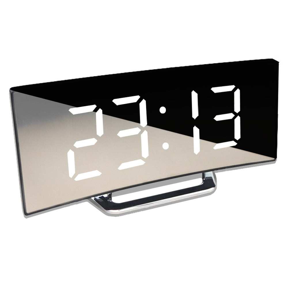 LED alarm clock with dual USB outputs displaying time in a sleek mirror design.