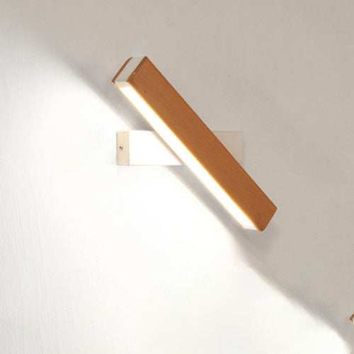 Wooden LED wall lamp with modern adjustable lighting, warm light, simple design.