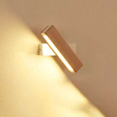 Wooden LED wall lamp with warm adjustable lighting, modern design.
