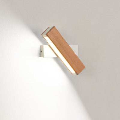 Modern wooden LED wall lamp with adjustable lighting, shown mounted on a white wall.