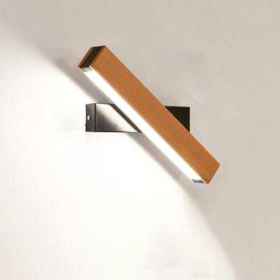Wooden LED wall lamp with modern design and adjustable lighting.