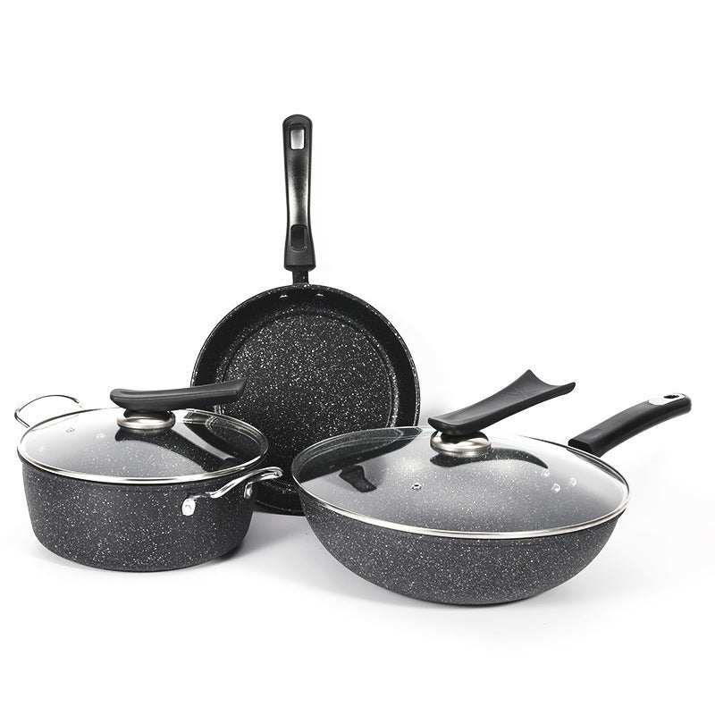 Three-piece non-stick cookware set with composite multilayer bottom, suitable for gas stoves.