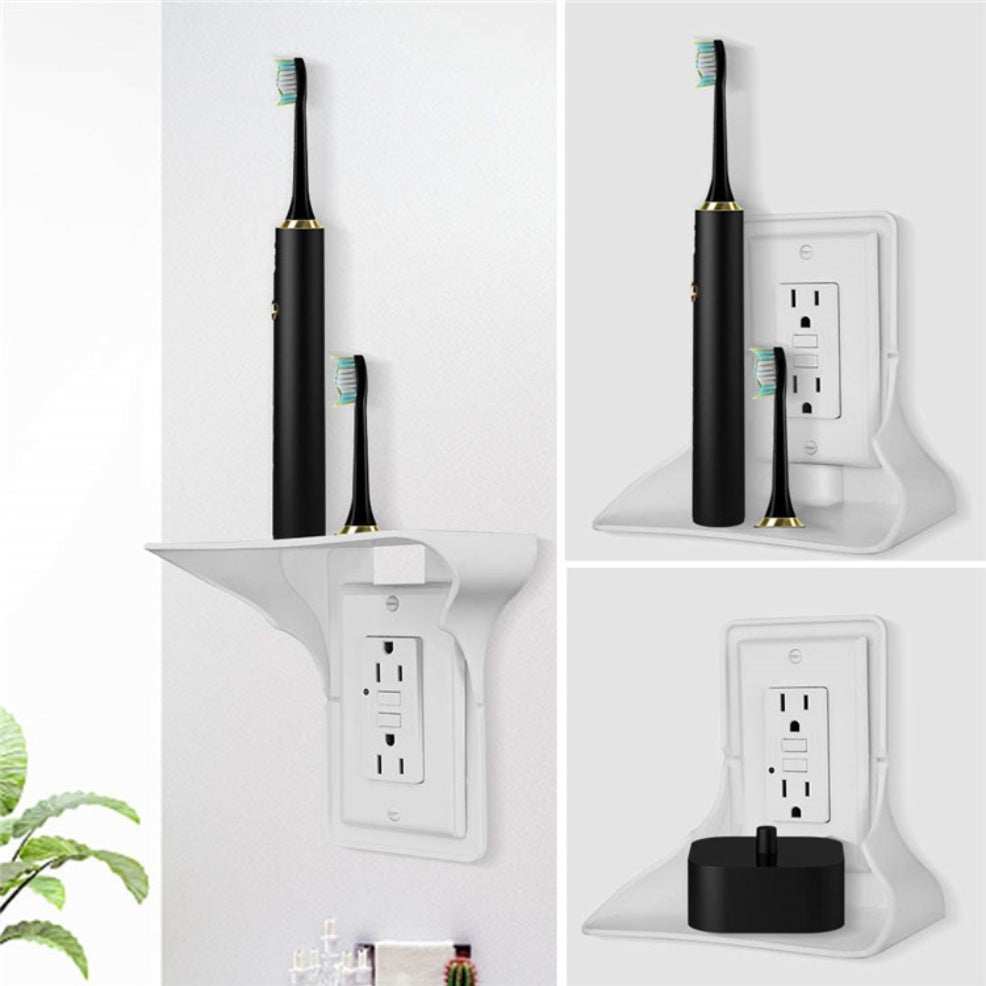 Wall outlet organizer for charging devices, space-saving and tidy design, wall-mounted in white.